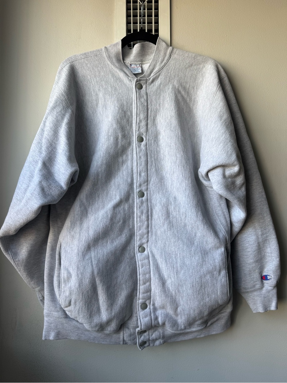 Vintage Champion Reverse Weave Light Gray Snap-Front Bomber Jacket